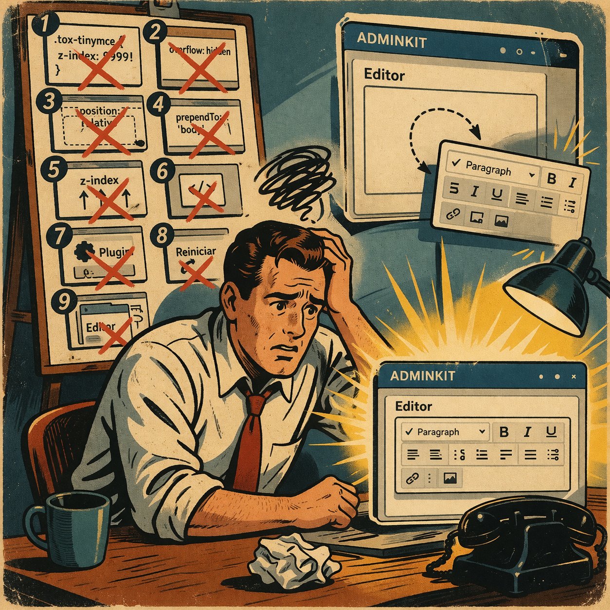 TinyMCE popups desplazados con AdminKit: 9 soluciones que no funcionaron y la que s&iacute;